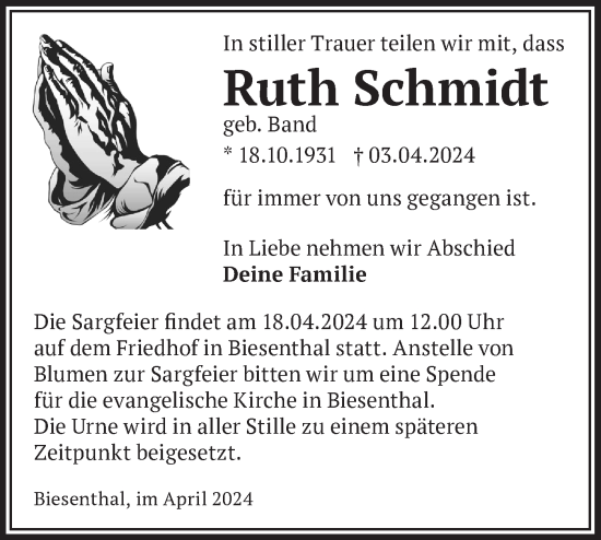 Traueranzeige von Ruth Schmidt von Märkische Oderzeitung