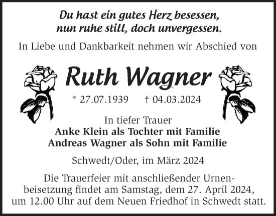 Traueranzeige von Ruth Wagner von Märkische Oderzeitung