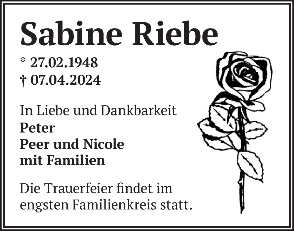  Traueranzeige für Sabine Riebe vom 13.04.2024 aus Märkische Oderzeitung