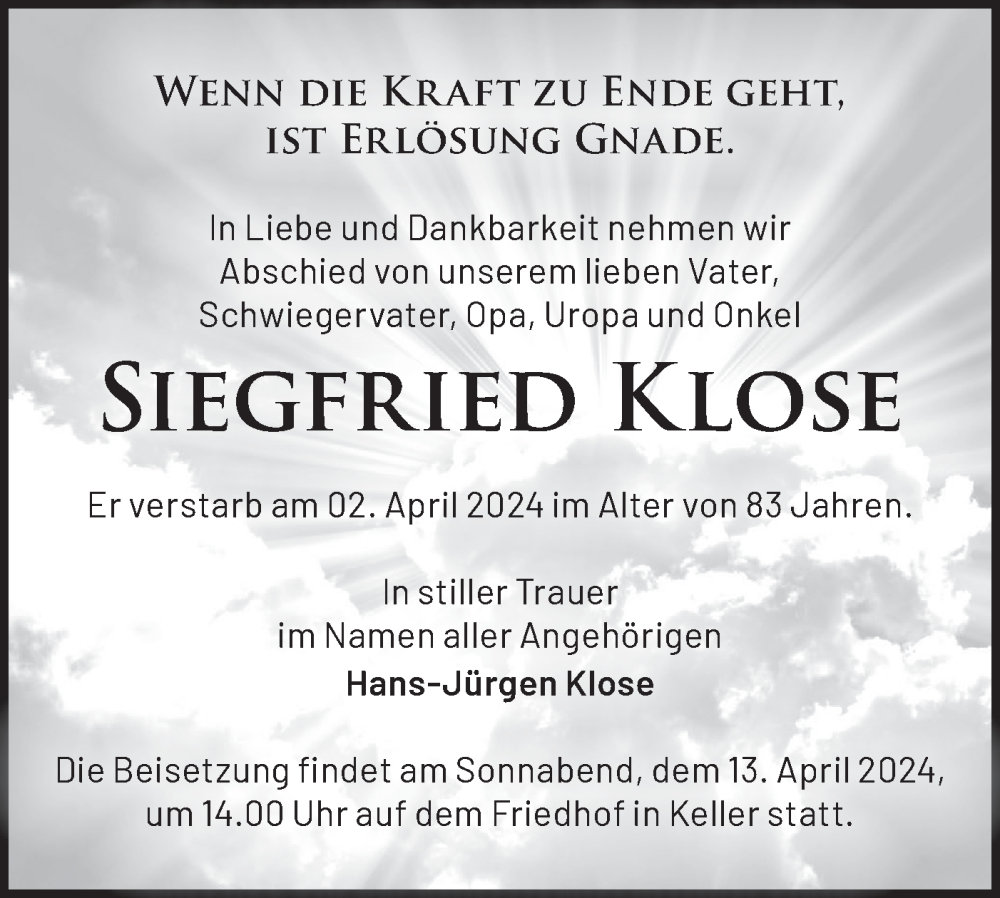 Traueranzeigen von Siegfried Klose | Märkische Onlinezeitung Trauerportal