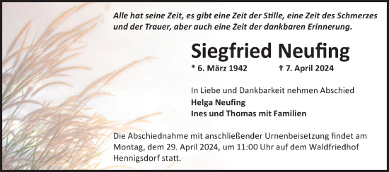 Traueranzeige von Siegfried Neufing von Märkische Oderzeitung