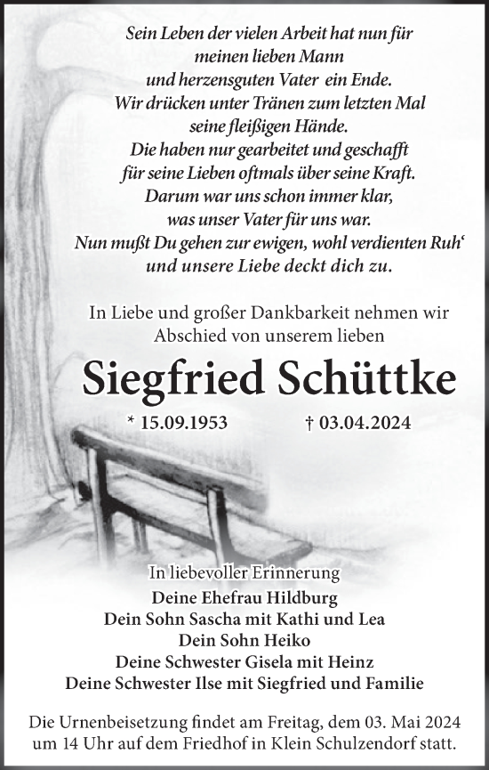 Traueranzeige von Siegfried Schüttke von Märkische Oderzeitung