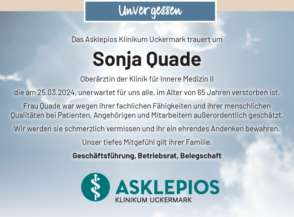  Traueranzeige für Sonja Quade vom 13.04.2024 aus Märkische Oderzeitung