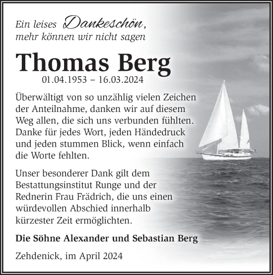 Traueranzeige von Thomas Berg von Märkische Oderzeitung