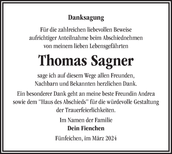 Traueranzeige von Thomas Sagner von Märkische Oderzeitung