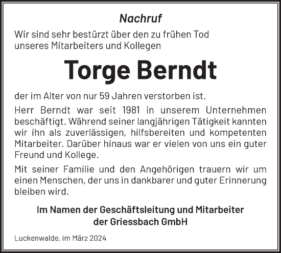 Traueranzeige von Torge Berndt von Märkische Oderzeitung