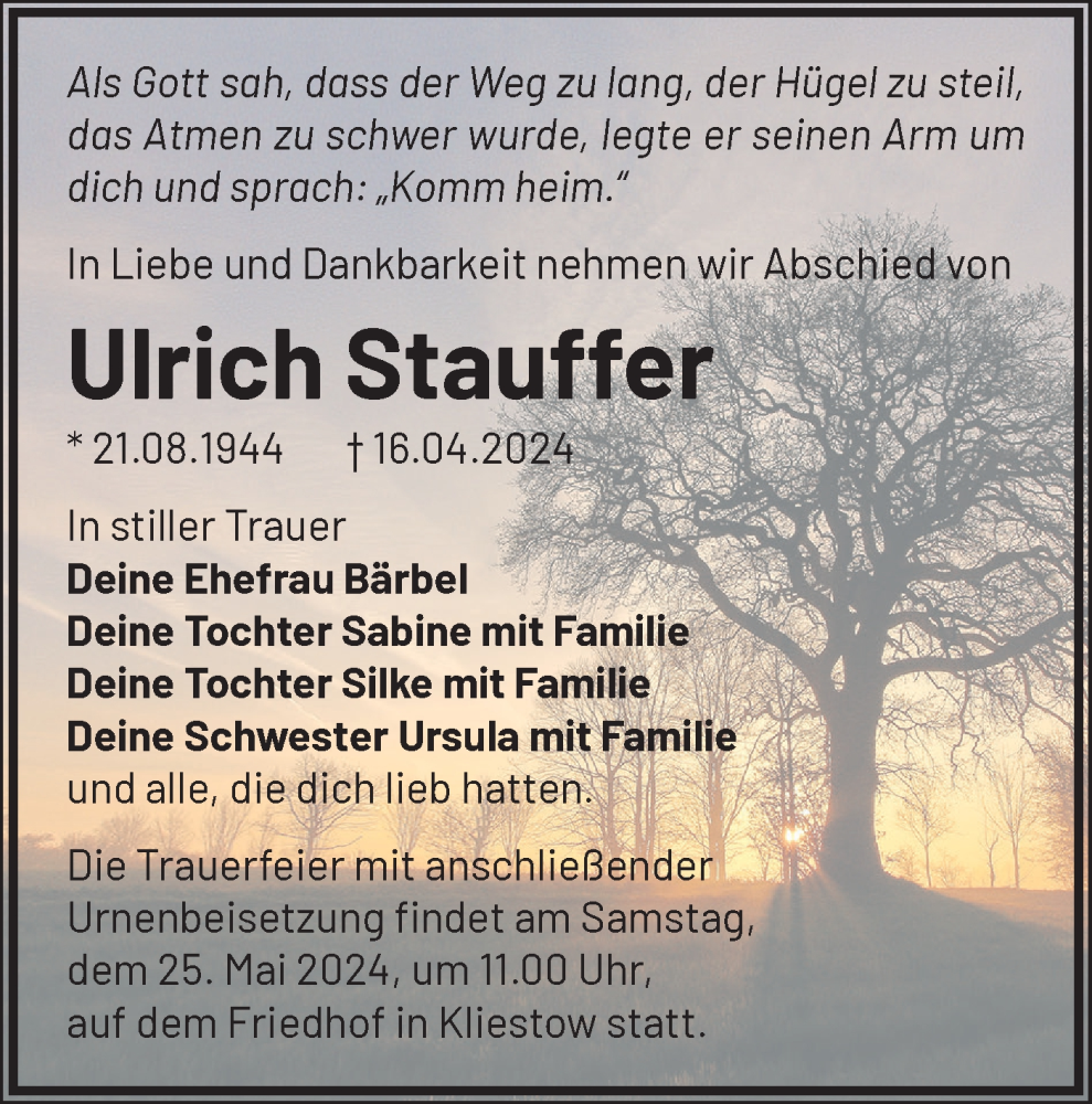  Traueranzeige für Ulrich Stauffer vom 27.04.2024 aus Märkische Oderzeitung