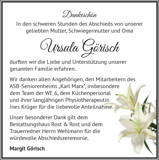 Traueranzeige von Ursula Görisch von Märkische Oderzeitung