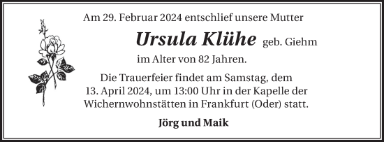 Traueranzeige von Ursula Klühe von Märkische Oderzeitung