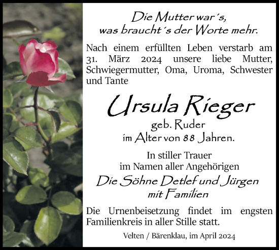 Traueranzeige von Ursula Rieger von Märkische Oderzeitung