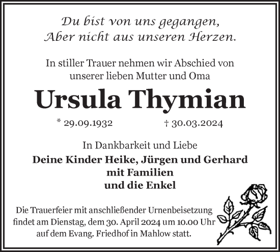 Traueranzeige von Ursula Thymian von Märkische Oderzeitung