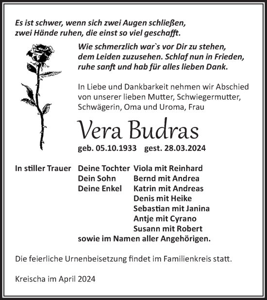 Traueranzeige von Vera Budras von Märkische Oderzeitung