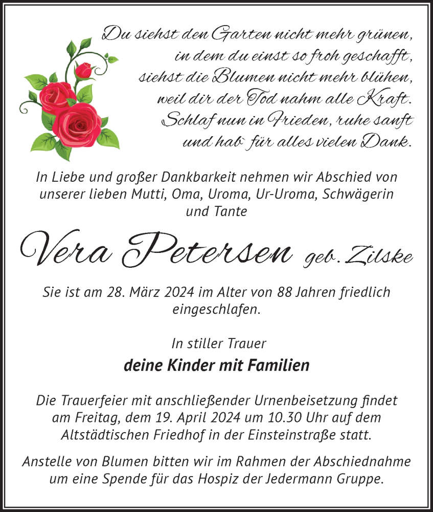  Traueranzeige für Vera Petersen vom 06.04.2024 aus Märkische Oderzeitung