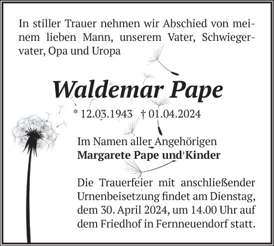 Traueranzeige von Waldemar Pape von Märkische Oderzeitung