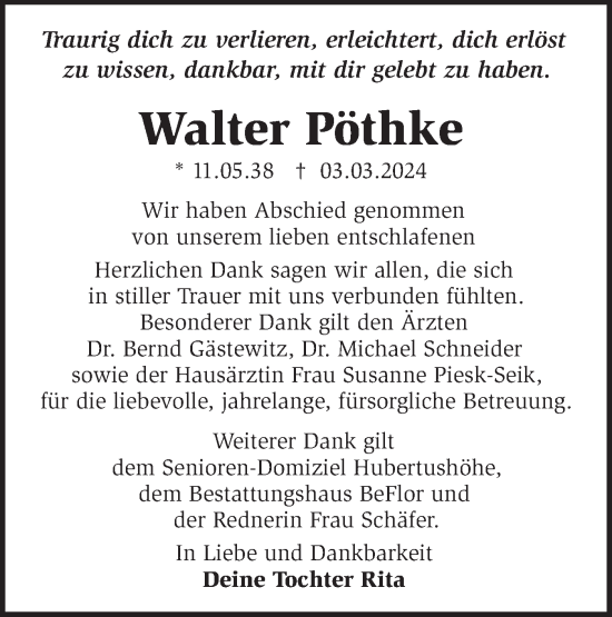 Traueranzeige von Walter Pöthke von Märkische Oderzeitung