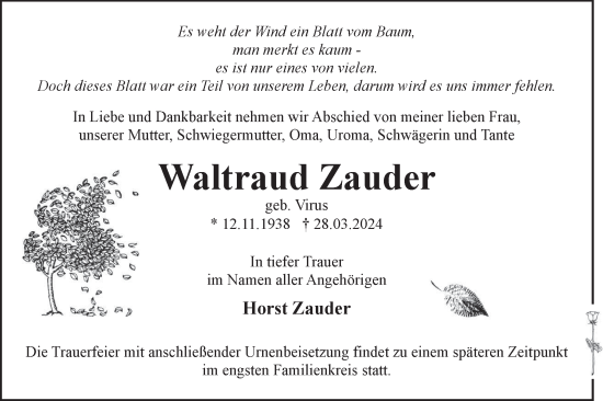 Traueranzeige von Waltraud Zauder von Märkische Oderzeitung