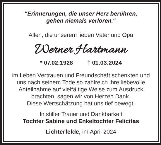 Traueranzeige von Werner Hartmann von Märkische Oderzeitung