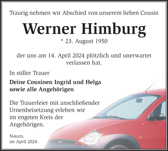 Traueranzeige von Werner Himburg von Märkische Oderzeitung