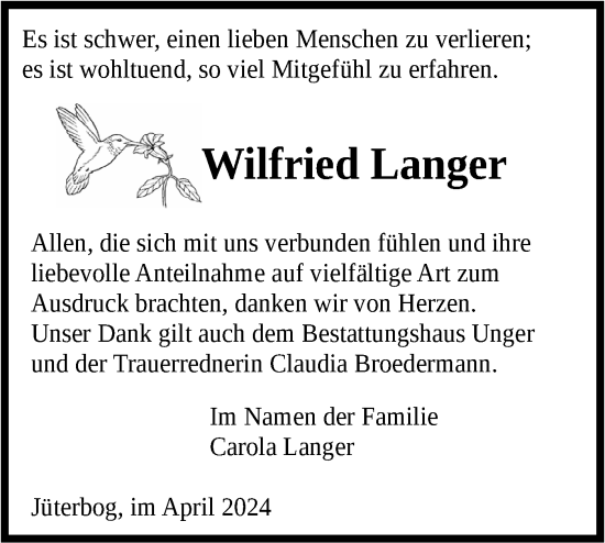 Traueranzeige von Wilfried Langer von Märkische Oderzeitung