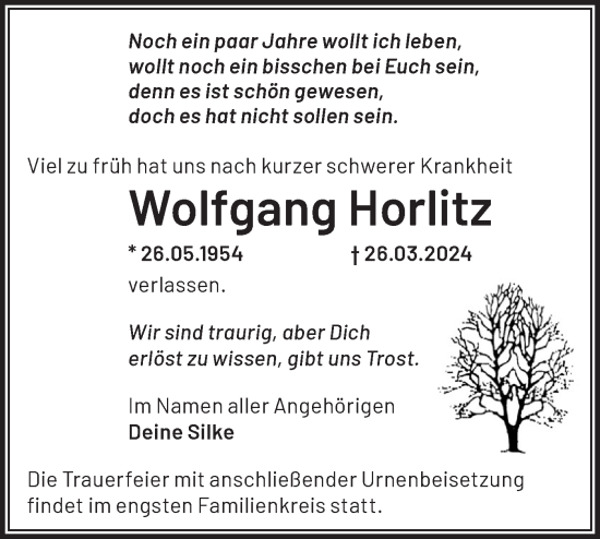 Traueranzeige von Wolfgang Horlitz von Märkische Oderzeitung