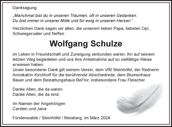 Traueranzeige von Wolfgang Schulze von Märkische Oderzeitung