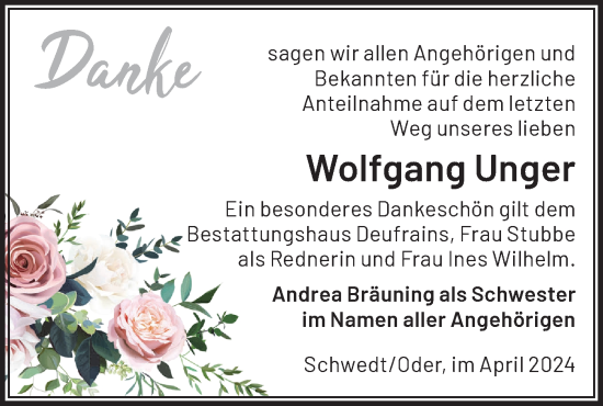Traueranzeige von Wolfgang Unger von Märkische Oderzeitung