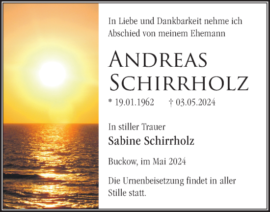 Traueranzeige von Andreas Schirrholz von Märkische Oderzeitung