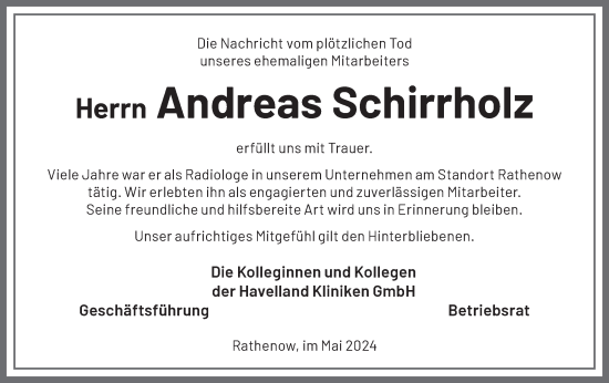 Traueranzeige von Andreas Schirrholz von Märkische Oderzeitung