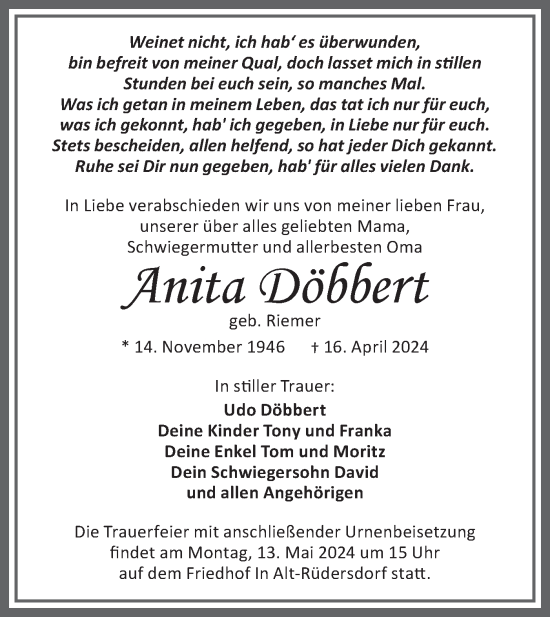 Traueranzeige von Anita Döbbert von Märkische Oderzeitung