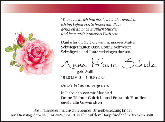 Traueranzeige von Anne-Marie Schulz von Märkische Oderzeitung