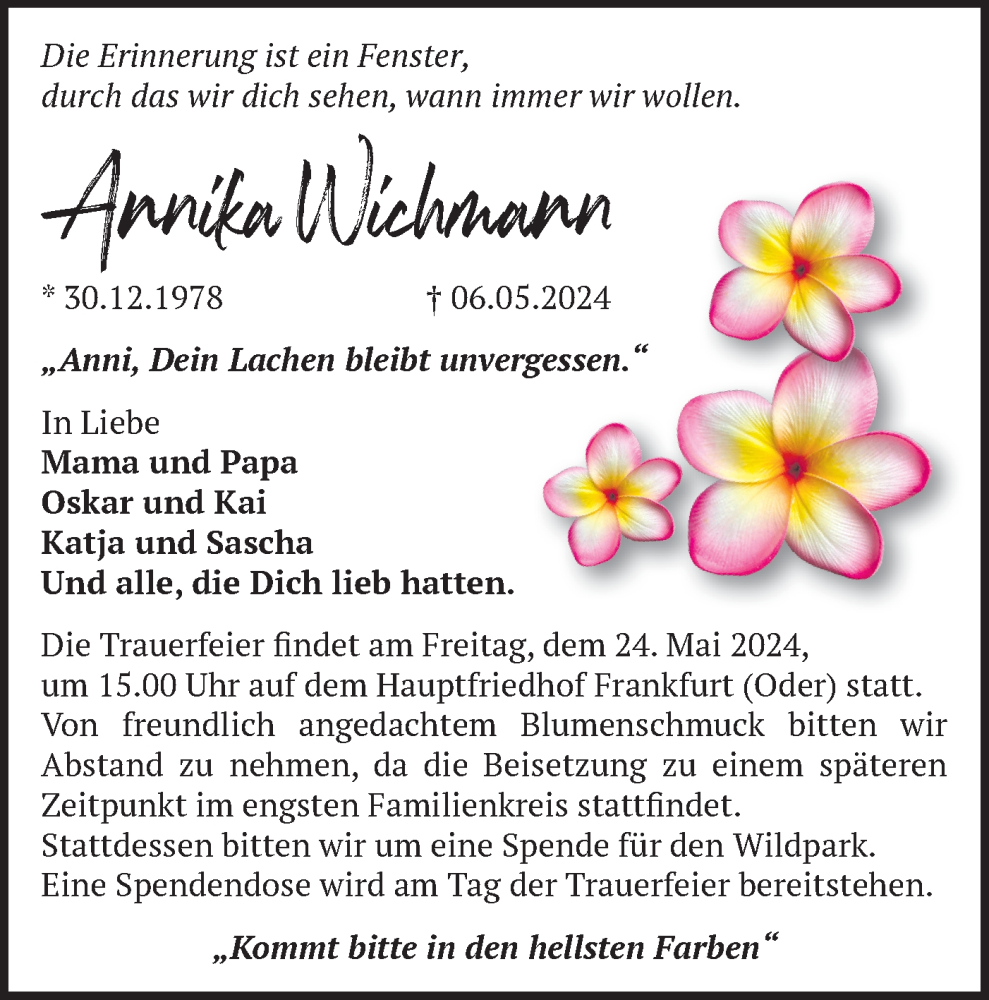  Traueranzeige für Annika Wichmann vom 18.05.2024 aus Märkische Oderzeitung