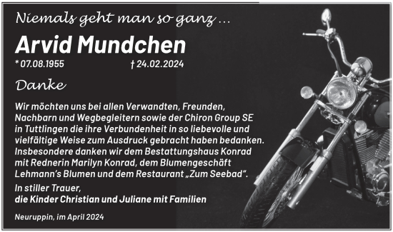 Traueranzeige von Arvid Mundchen von Märkische Oderzeitung