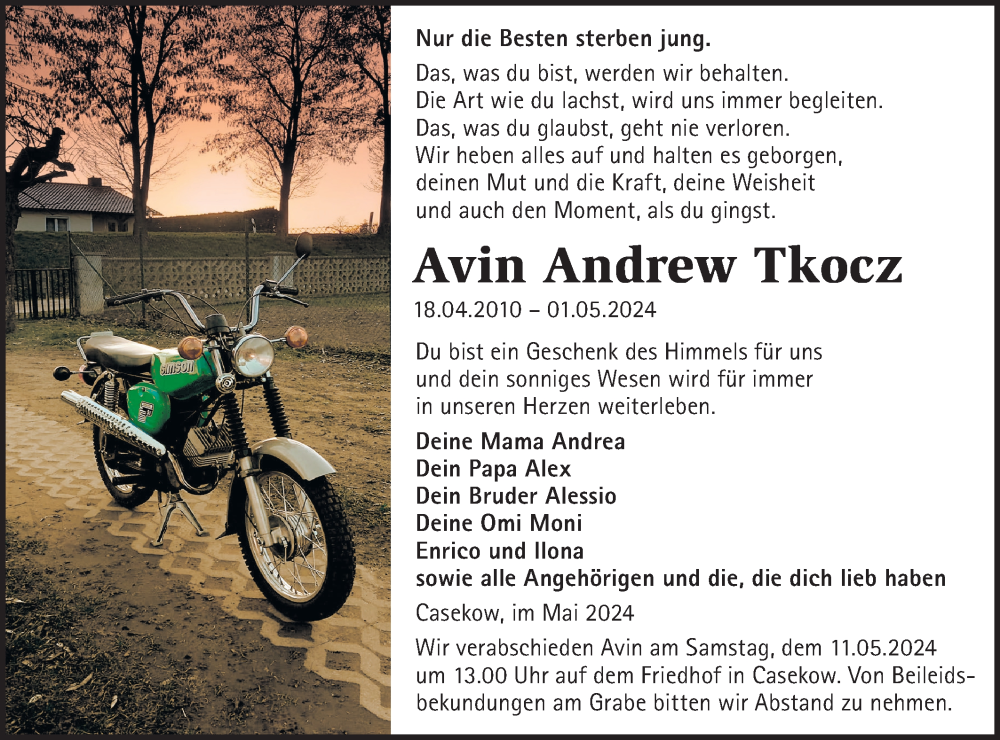  Traueranzeige für Avin Andrew Tkocz vom 07.05.2024 aus Märkische Oderzeitung