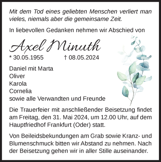 Traueranzeige von Axel Minuth von Märkische Oderzeitung