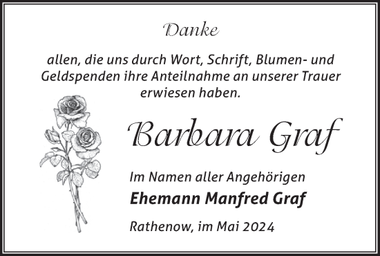 Traueranzeige von Barbara Graf von Märkische Oderzeitung