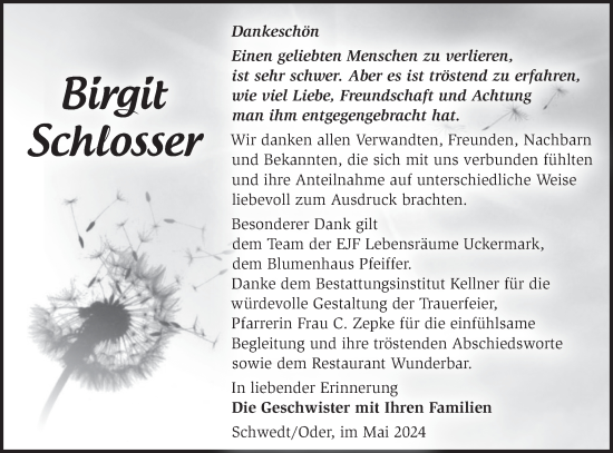 Traueranzeige von Birgit Schlosser von Märkische Oderzeitung
