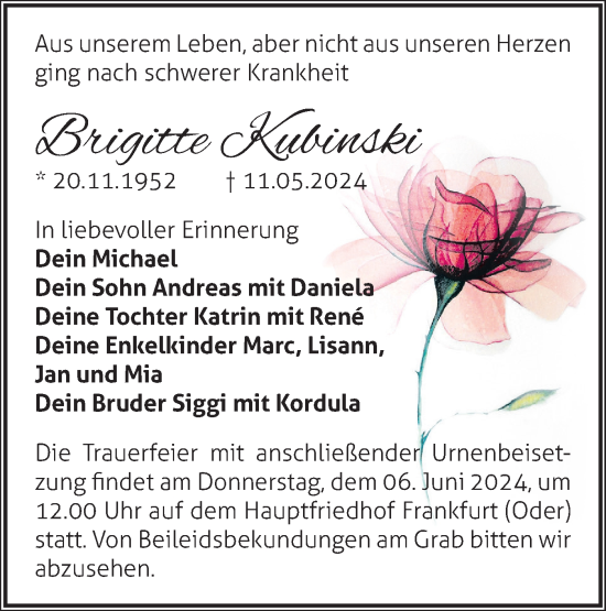 Traueranzeige von Brigitte Kubinski von Märkische Oderzeitung