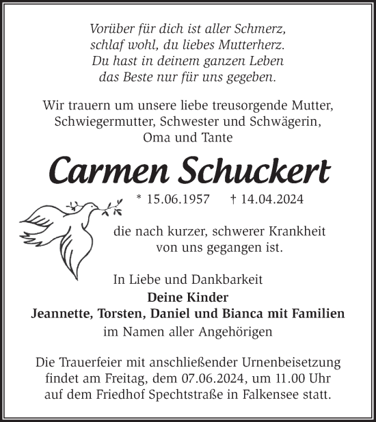 Traueranzeige von Carmen Schuckert von Märkische Oderzeitung