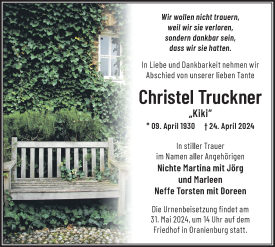 Traueranzeige von Christel Truckner von Märkische Oderzeitung