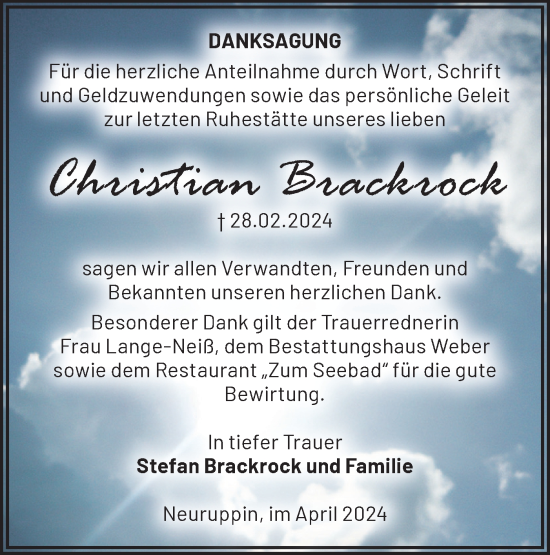 Traueranzeige von Christian Brackrock von Märkische Oderzeitung