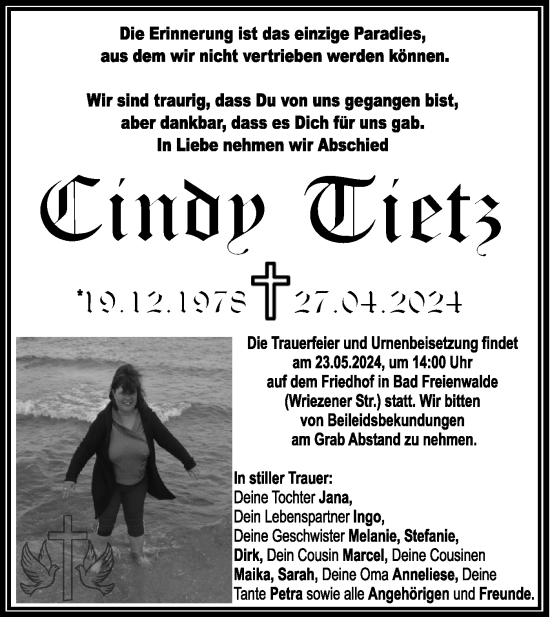 Traueranzeige von Cindy Tietz von Märkische Oderzeitung