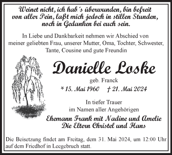 Traueranzeige von Danielle Loske von Märkische Oderzeitung