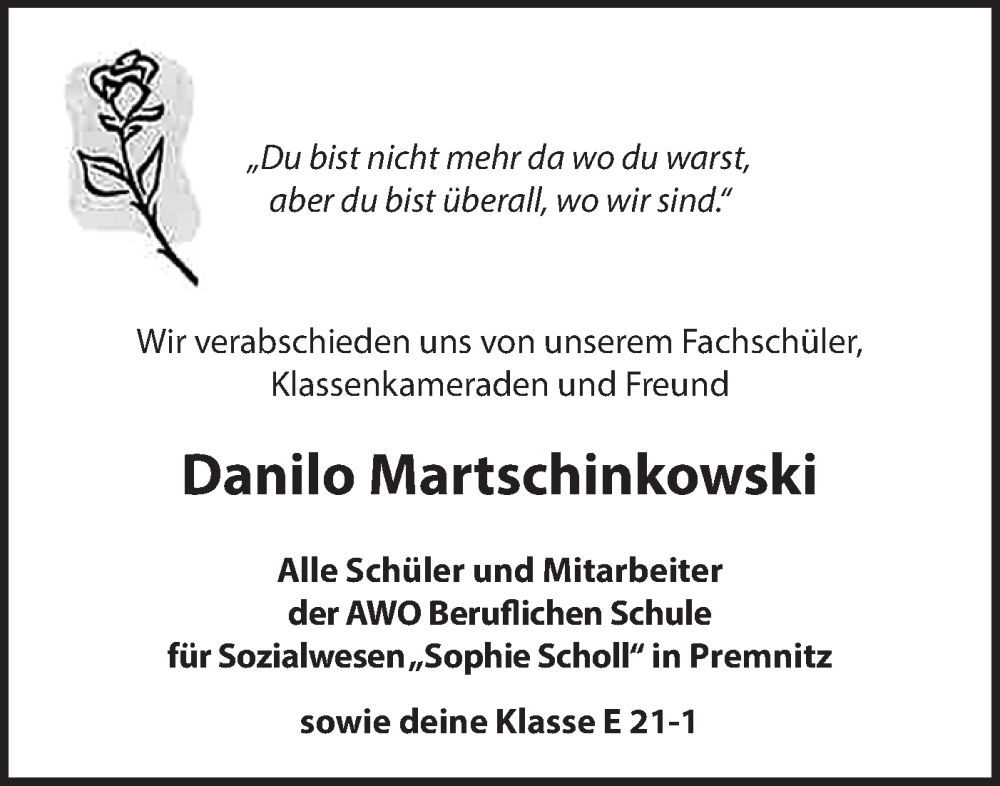  Traueranzeige für Danilo Martschinkowski vom 18.05.2024 aus Märkische Oderzeitung