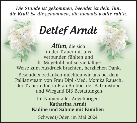 Traueranzeige von Detlef Arndt von Märkische Oderzeitung