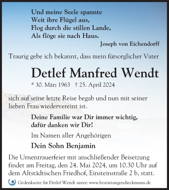 Traueranzeige von Detlef Manfred Wendt von Märkische Oderzeitung