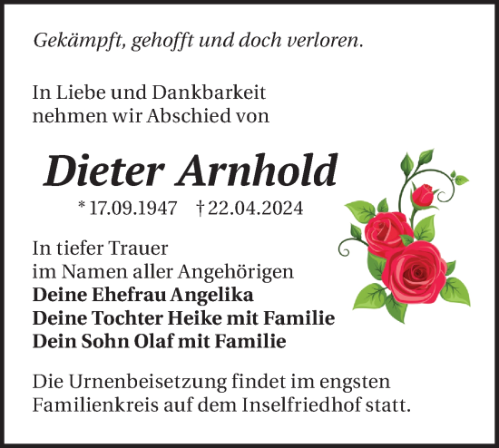 Traueranzeige von Dieter Arnhold von Märkische Oderzeitung