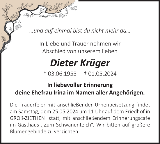 Traueranzeige von Dieter Krüger von Märkische Oderzeitung