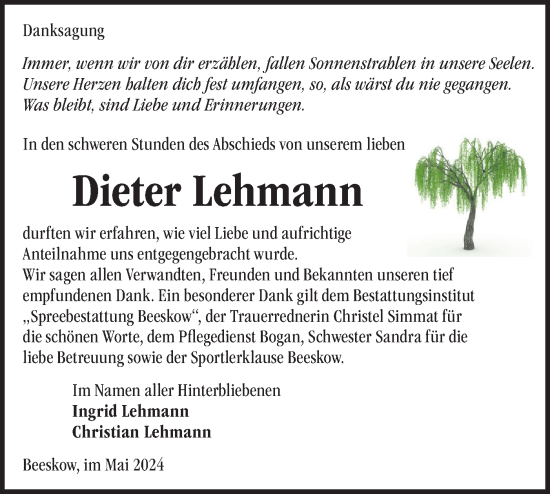 Traueranzeige von Dieter Lehmann von Märkische Oderzeitung