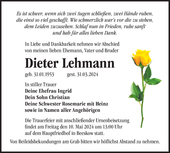 Traueranzeige von Dieter Lehmann von Märkische Oderzeitung