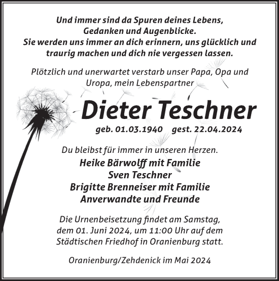 Traueranzeige von Dieter Teschner von Märkische Oderzeitung